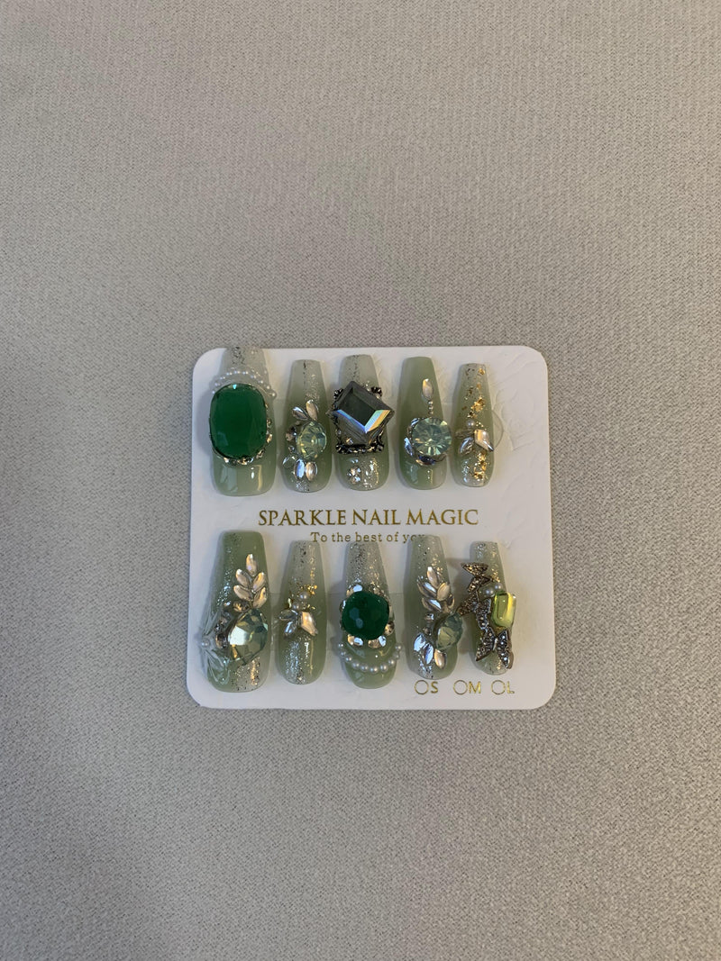 Emerald gemstone embellished press-on nails