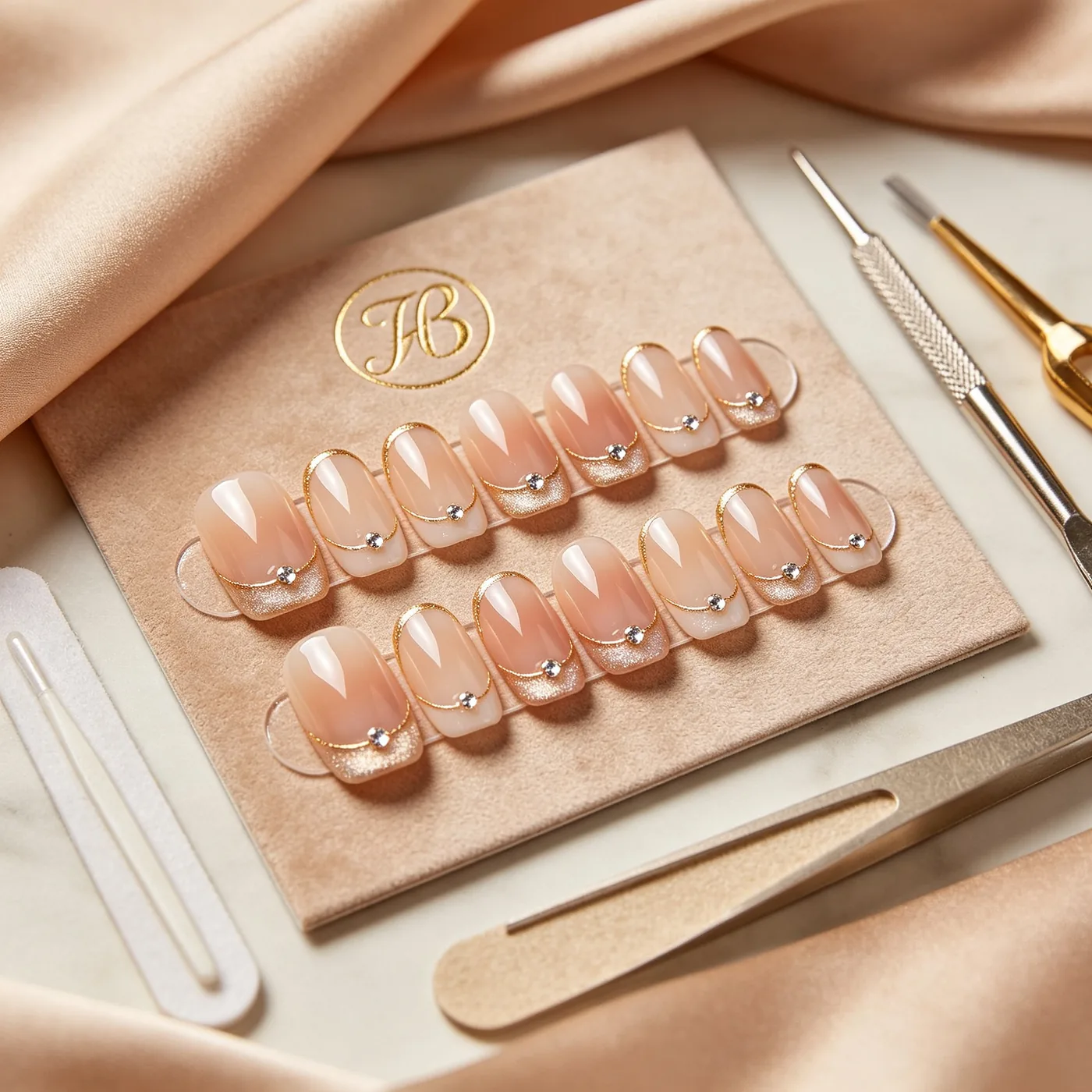 2026 press-on nail trend set - nude, pink and gold chrome