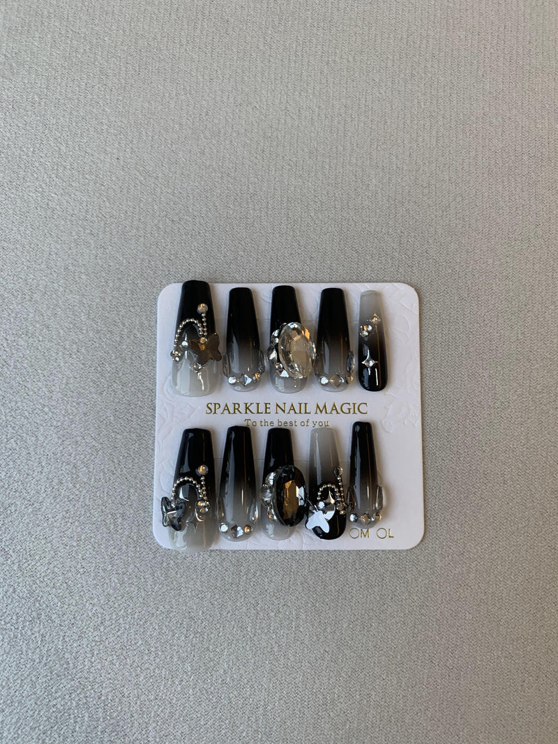 Black noir gemstone press-on nails